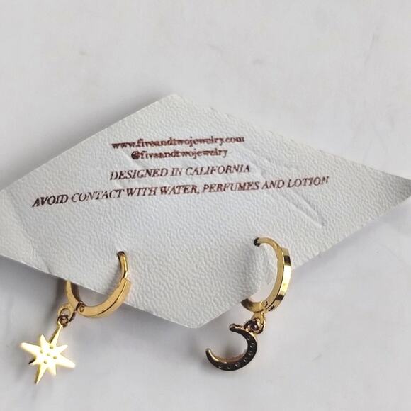 NEW! Celestial Moon & Star Gold + Rhinestone Huggie Hoop Tiny Charm Earrings 5&2 - Picture 3 of 15